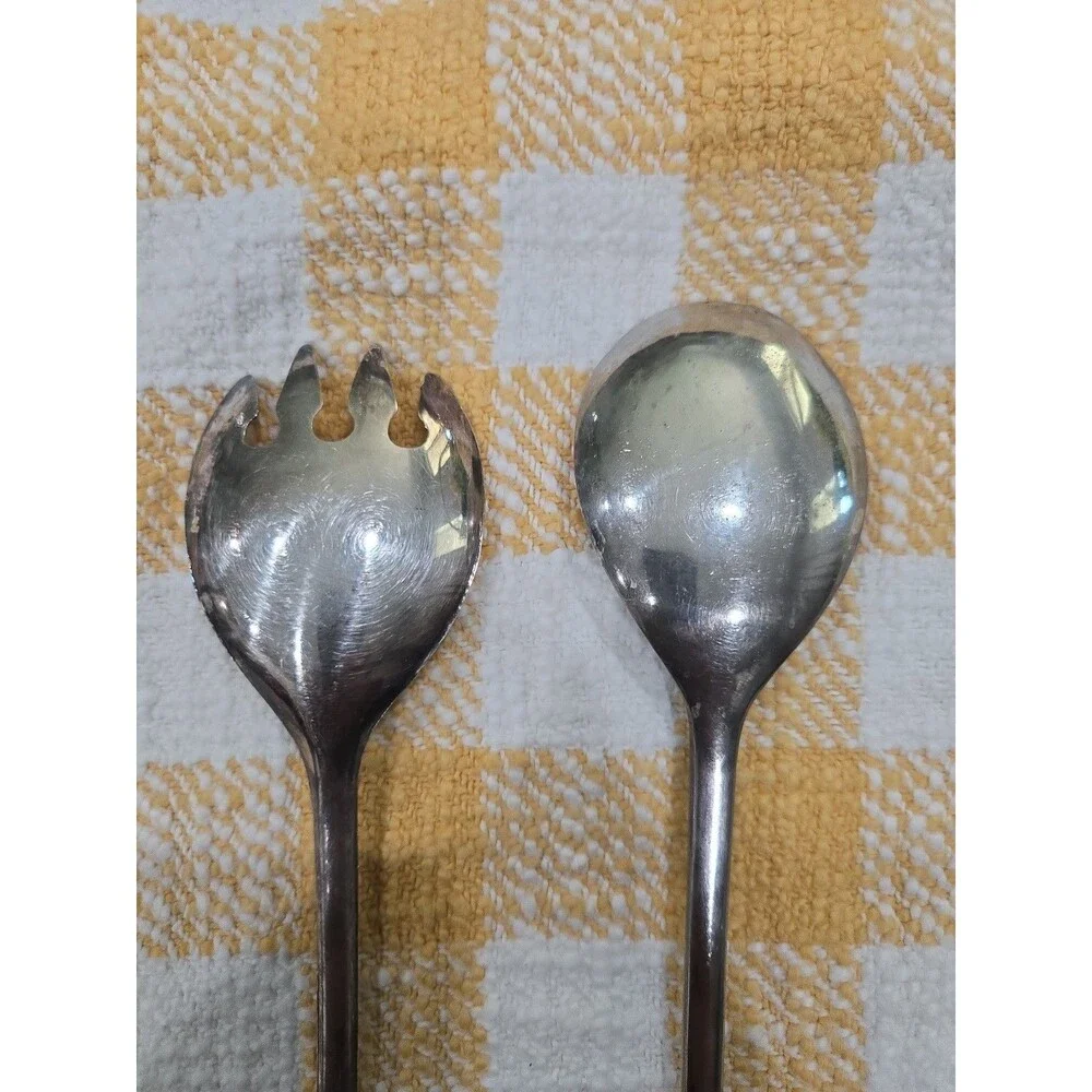 Vintage Silver Plate Italy Salad Serving Spoon and Fork Set 9.25” Elegant Shape